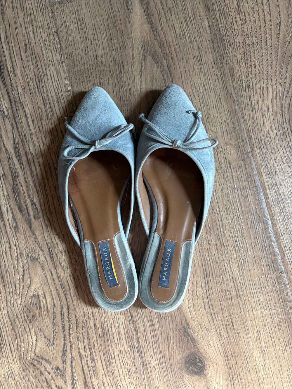 Margaux Suede Pointed-Toe Bow Mules in Light Blue